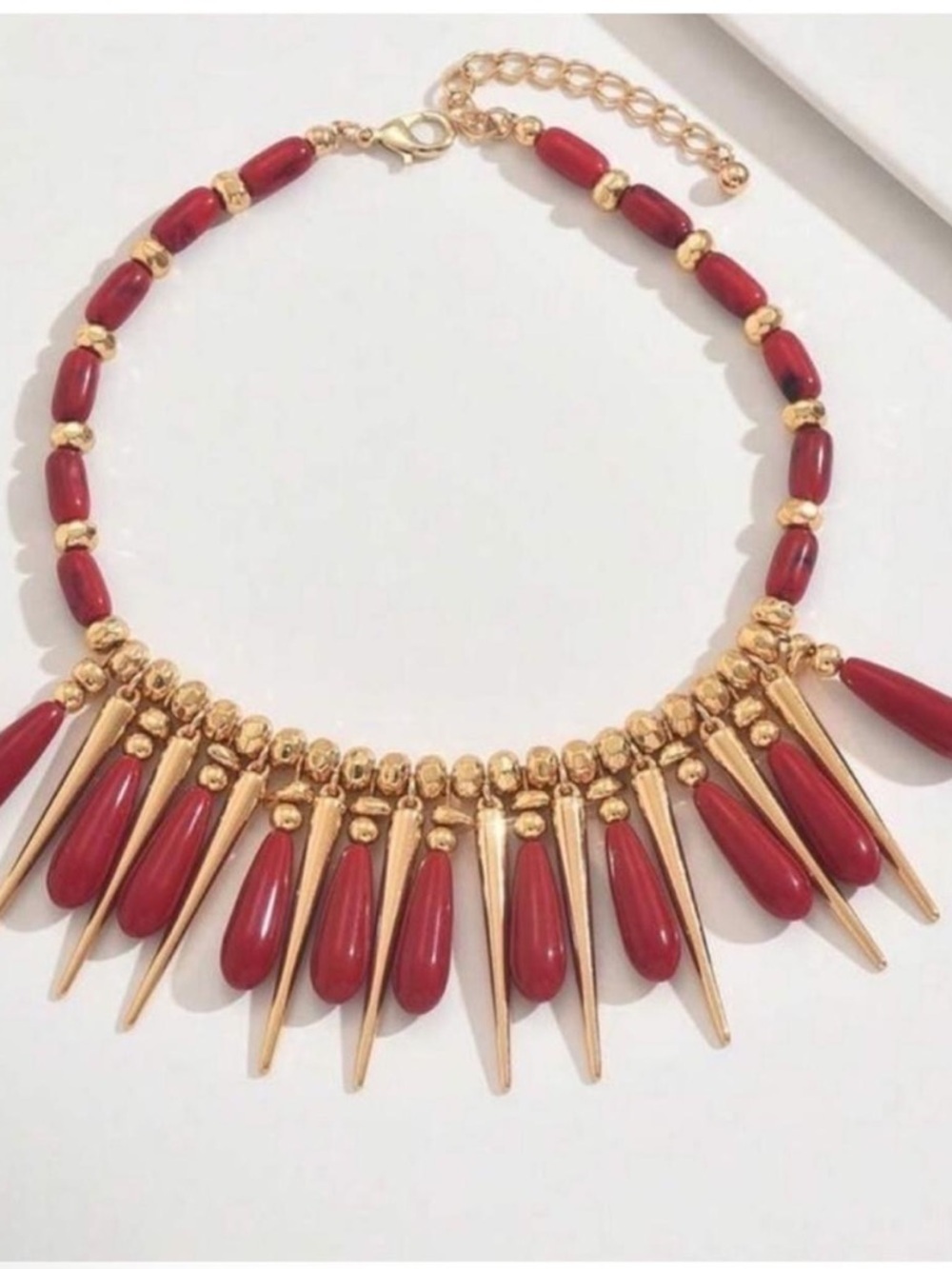 Red Ember Drop Fringe Necklace – Golden Drama Piece - Picture 3 of 4